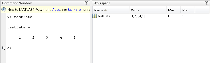 命令窗口和工作区浏览器显示命名范围testData与数字1到5
