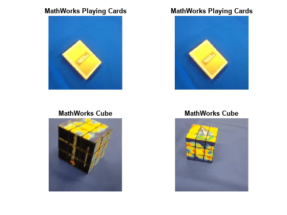图中包含4个轴对象。标题为MathWorks Playing Cards的Axes对象1包含一个image类型的对象。标题为MathWorks Playing Cards的Axes对象2包含一个image类型的对象。标题为MathWorks Cube的Axes对象3包含一个image类型的对象。标题为MathWorks Cube的Axes对象4包含一个image类型的对象。