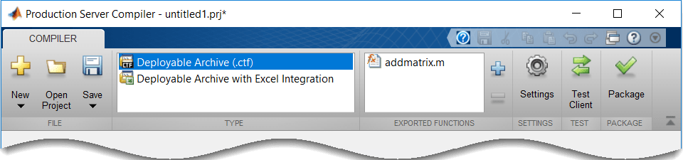 生产服务器编译器可部署归档(.ctf)类型选择和addmatrix。在导出的函数部分