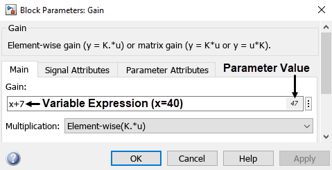 变量的值称为x是40。在获得块的块参数对话框,文本框输入增益值包含表达式“x + 7”内心的左边缘,和47个在正确的数量优势。