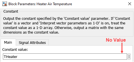 物体的图像显示了上半部分参数对话框的“加热器空气温度”。有一个文本框,标签上面的“恒定值”。文本框显示左边剧院参数的名称,但不显示参数的值。