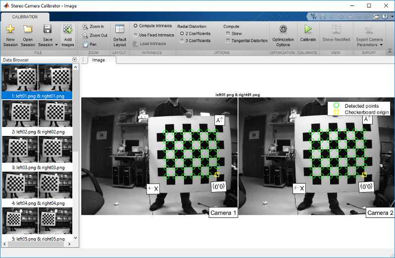 立体相机校准应用程序显示数据浏览器窗格在左边校准模式图像。Image窗格显示了一个图像对。