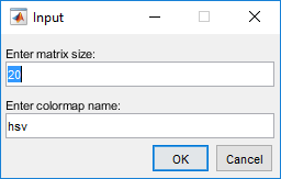 输入对话框，带有两个编辑字段，用于输入矩阵大小和colormap名称。确定和取消按钮显示在编辑字段下方。