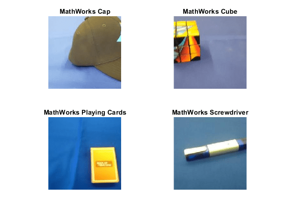 图中包含4个轴。标题为MathWorks Cap的轴1包含一个类型为image的对象。标题为MathWorks Cube的轴2包含一个类型为image的对象。标题为MathWorks Playing Cards的Axes 3包含一个类型为image的对象。标题为MathWorks螺丝刀的轴4包含一个类型为image的对象。