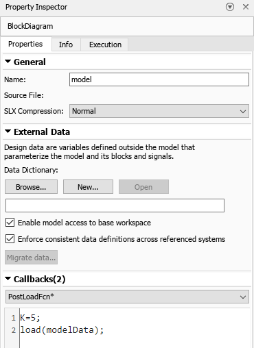 属性检查器与PostLoadFcn调类型选择和命令初始化K和负载model_data在右窗格中