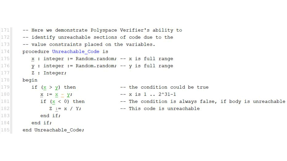 用于Ada的Polyspace客户端在源代码中以灰色显示无法访问的代码。