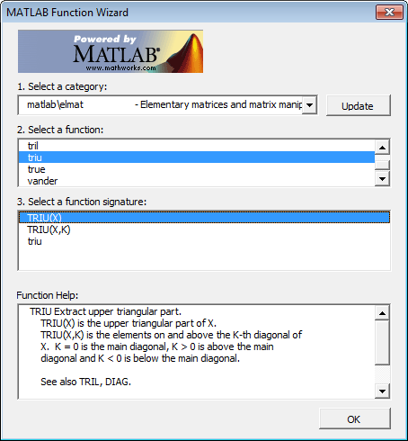 MATLAB函数向导包含选定的MATLAB \elmat类别，triu函数，triu(x)签名，和triu函数帮助。