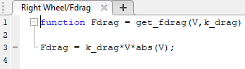 MATLAB函数编辑器显示了Fdrag函数。gydF4y2Ba