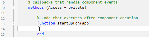 函数定义的startupFcn。该函数位于一个私有方法块中，有一个输入参数，名为app。